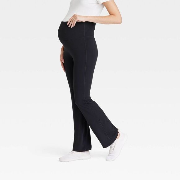 Fold Down Active Flare Leg Maternity Leggings - Is Black - Picture 3 of 4